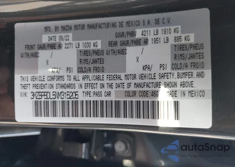 2022 Mazda Mazda3 Premium from USA, damaged, VIN 3MZBPBDL5NM315205